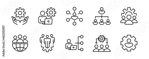 organization management structure diagram with gear cogwheel icon vector business company team hierarchy employee human resource symbol collection illustration for web and app