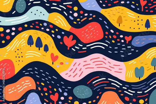 Trails and paths quirky doodle pattern, wallpaper, background, cartoon, vector, whimsical Illustration