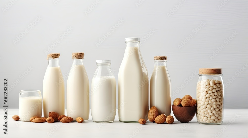 a row of bottles of milk and almonds on a table. generative ai a row of bottles of milk and almonds on a table. generative ai