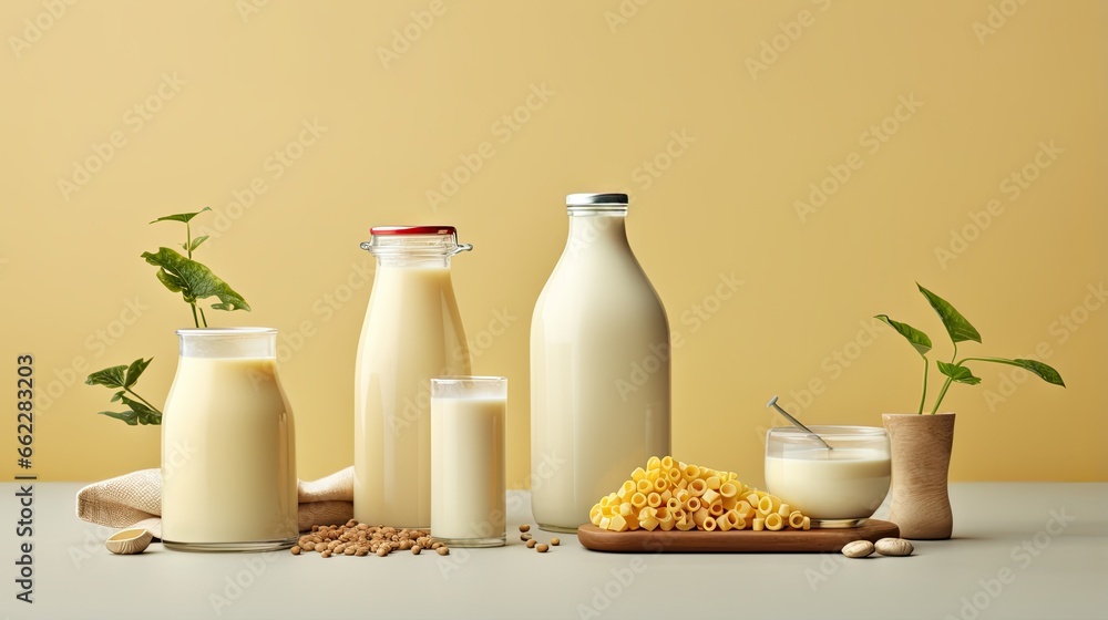 a variety of milks and milk bottles on a table. generative ai a variety of milks and milk bottles on a table. generative ai