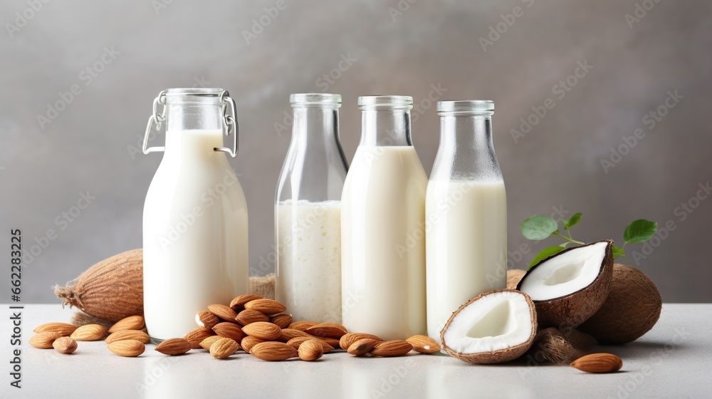 almonds, milk, and almond milk are on a table. generative ai almonds, milk, and almond milk are on a table. generative ai