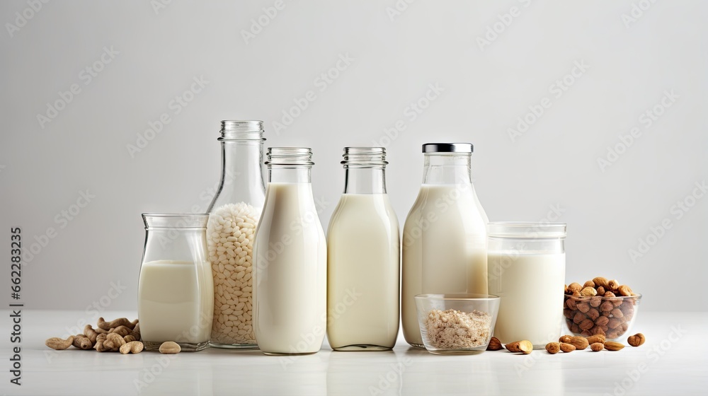 a group of milk bottles sitting next to each other on a table. generative ai a group of milk bottles sitting next to each other on a table. generative ai