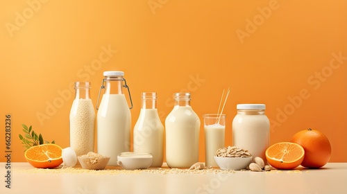  a table topped with lots of different types of milk and oranges. generative ai