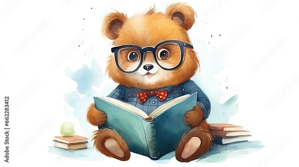 a brown teddy bear wearing glasses reading a book with a bow tie. generative ai a brown teddy bear wearing glasses reading a book with a bow tie. generative ai