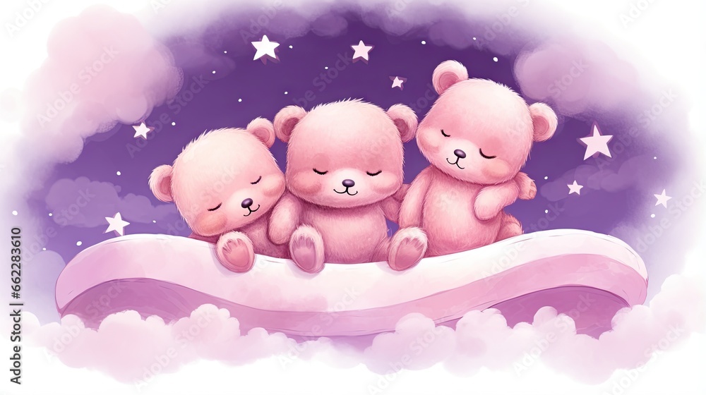  three teddy bears sitting on a cloud with stars in the sky.  generative ai