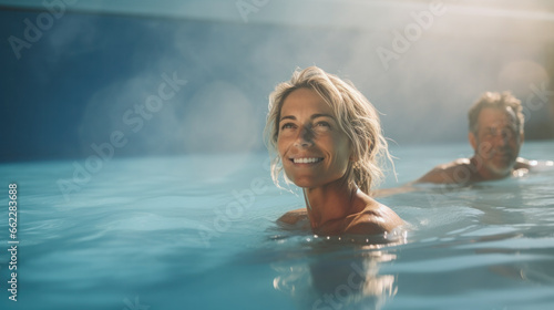 Cheerful couple resting in luxury swimming pool. Zero level, sky background.