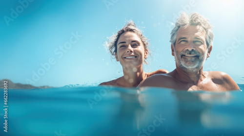 Cheerful couple resting in luxury swimming pool. Zero level, sky background. © PaulShlykov