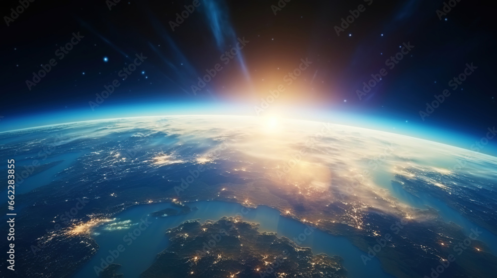Obraz premium A photorealistic view of the Earth from space with sunlight. Scientific astronomy. Generative AI