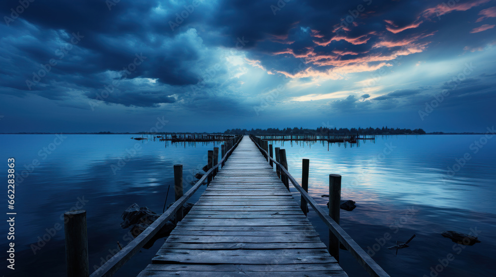 Obraz premium Blue Hour Serenity: Tranquil Skies at Dusk and Dawn. Generative AI