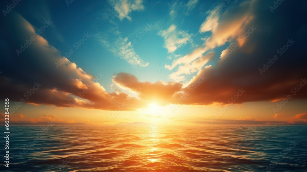 Fototapeta premium Intense sun with lots of long sunrays shining over the ocean created with Generative AI
