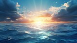 Intense sun with lots of long sunrays shining over the ocean created with Generative AI