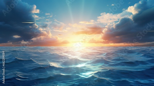 Intense sun with lots of long sunrays shining over the ocean created with Generative AI