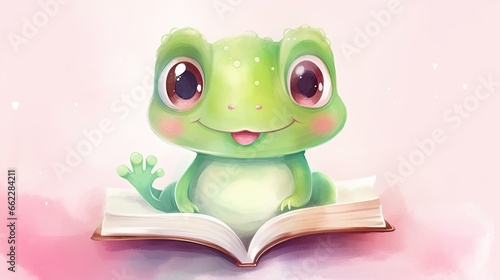  a green frog sitting on top of a book with a smile on its face. generative ai