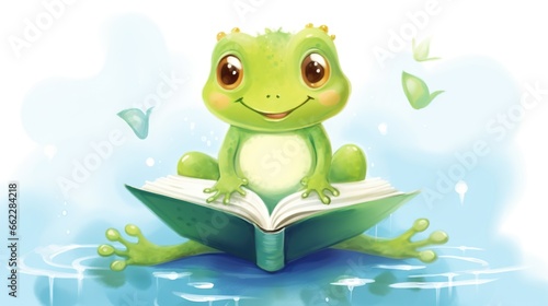  a frog sitting on top of a book in the water. generative ai