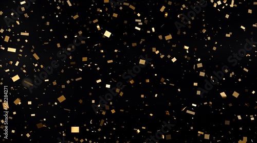 Golden Confetti on black background Festive holiday background. Christmas Holiday Celebration concept. Top view