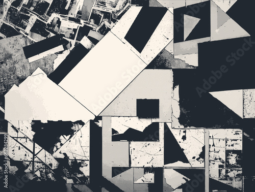 Abstract halftone background with black and white mosaic composition of torn paper and paint stains. Torn paper texture and painting stains background. Vector illustration	