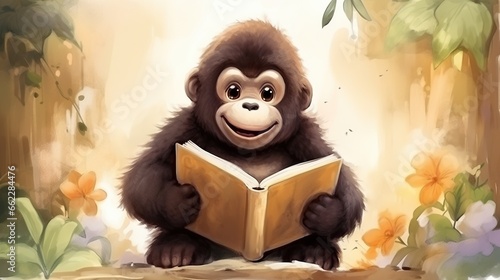  a monkey is reading a book in a forest with flowers. generative ai
