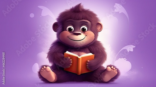  a monkey sitting on the ground reading a book with a purple background.  generative ai