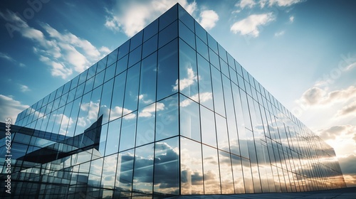 Wide-angle shot of a modern glass facade reflecting the sky.