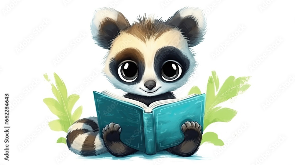  a cute little racoon reading a book while sitting down.  generative ai