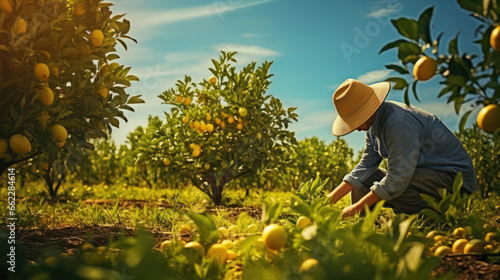 Farmer man harvesting, picking lemons from tree on sky background. Mediterranean citrus fruits, Greece, Spain.