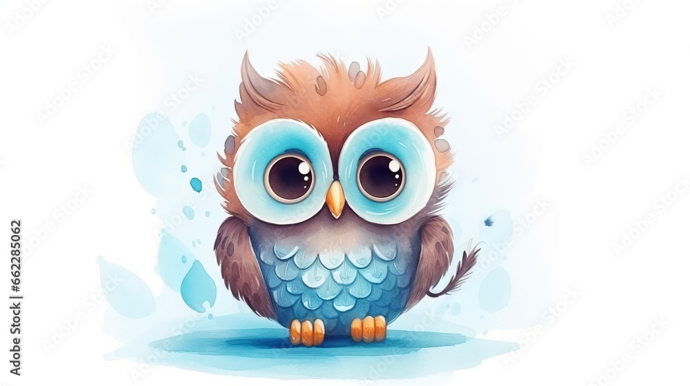 an owl with big eyes sitting on a blue surface with water droplets. generative ai an owl with big eyes sitting on a blue surface with water droplets. generative ai