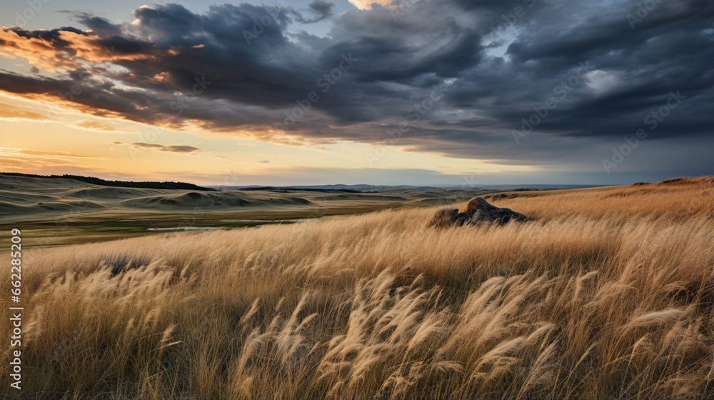 Wild prairie grasses under a stormy sky.