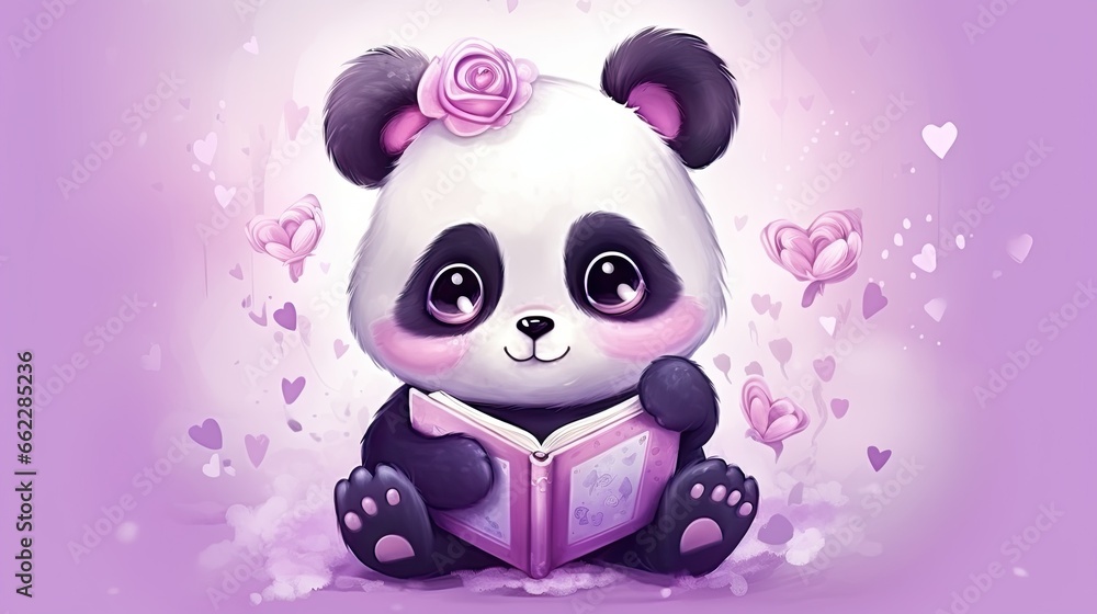 a panda bear is reading a book on a purple background. generative ai a panda bear is reading a book on a purple background. generative ai