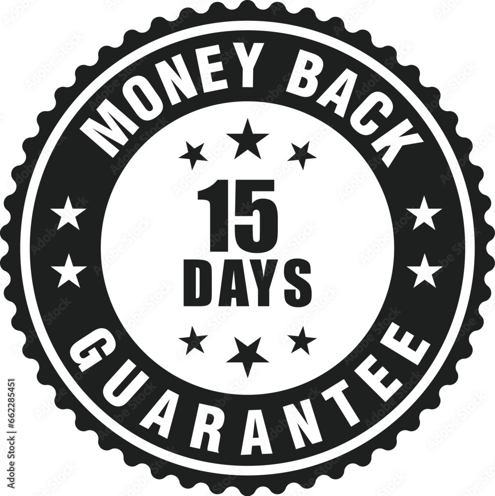 Money Back Guarantee 15 days  sticker badge label black flat. Vector EPS 10	