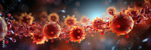 Corona Virus, Microscopic View of Floating influenza virus cells macro shot. Virology and Microbiology Medicine Concept. 2019-nCoV viral disease epidemic. Bacteria microbes  photo
