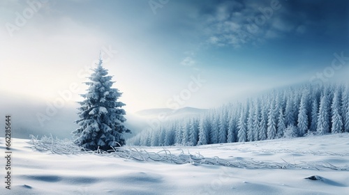 Winter landscape highlighting a snow-covered fir tree