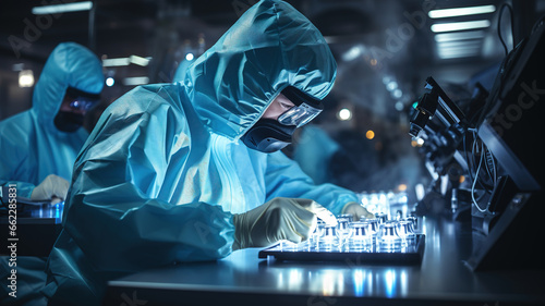 Scientist Medical Technician Specialist Working in the Clinical Laboratory Institute, Examines lab Samples, Science Healthcare concept. Researcher in a Protective Mask, Vaccines Creation