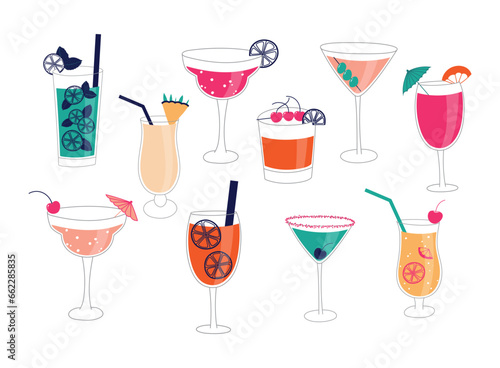 Cocktails vector illustration set, hand drawn cocktail drinks illustrations