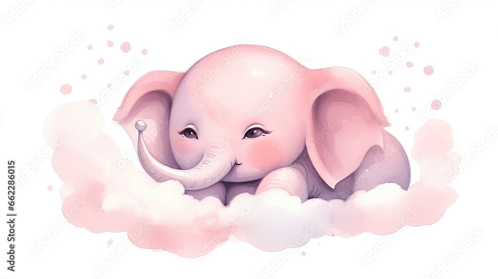  a baby elephant laying on a cloud with its trunk in the air.  generative ai