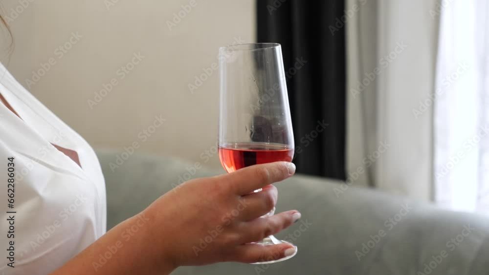 The girl holds a glass of pink wine in her hand. The girl holds a glass of pink wine in her hand.