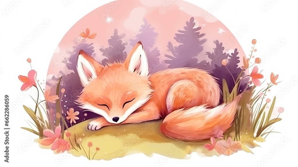  a little fox is sleeping on the ground in the grass.  generative ai
