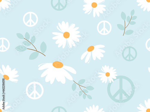 Seamless pattern with daisy flower, branch and peace symbol on blue background vector illustration.