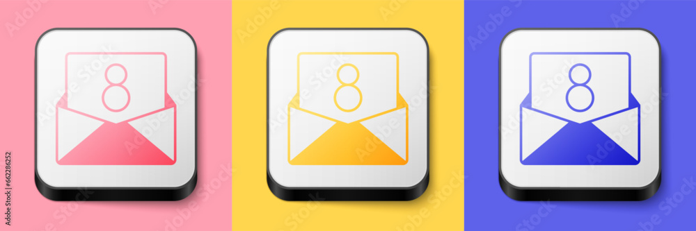 Isometric Envelope with 8 March icon isolated on pink, yellow and blue background. Message love. Letter love and romance. International Happy Women Day. Square button. Vector Isometric Envelope with 8 March icon isolated on pink, yellow and blue background. Message love. Letter love and romance. International Happy Women Day. Square button. Vector