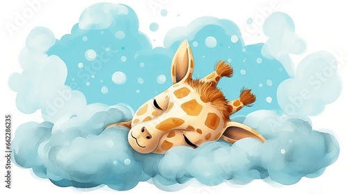  a cartoon giraffe laying on a cloud of blue water.  generative ai