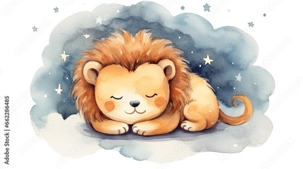 a watercolor drawing of a lion sleeping on a cloud. generative ai a watercolor drawing of a lion sleeping on a cloud. generative ai