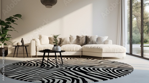 Zebra-striped area rug on a minimalist floor