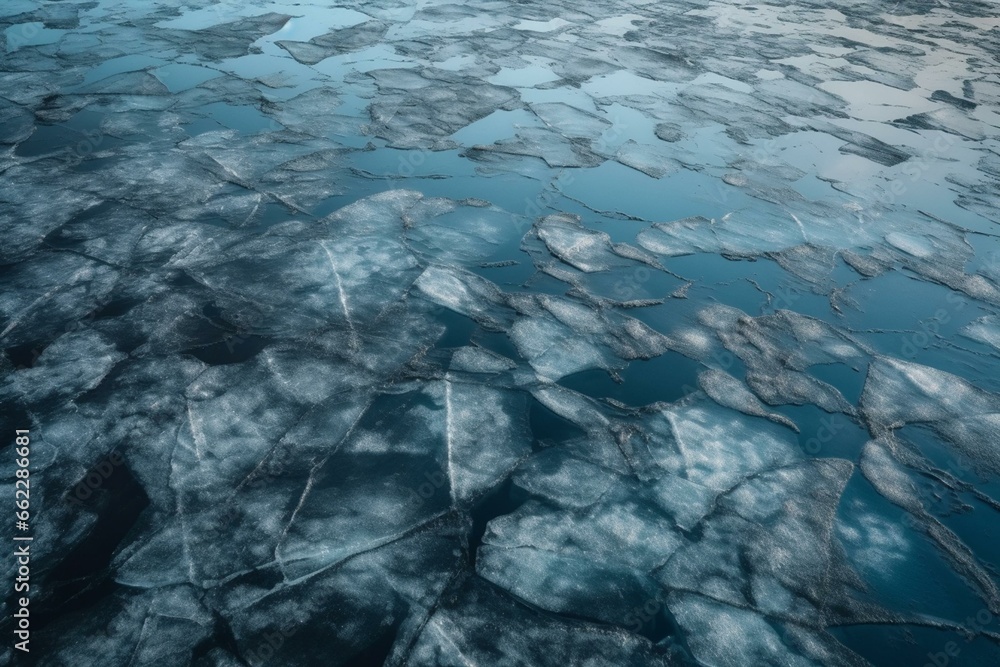 Surface of blue ice with visible cracks on frozen lake. Generative AI