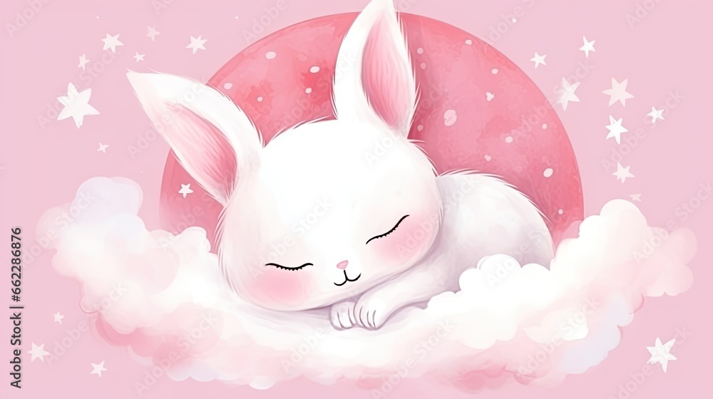 a white bunny sleeping on a cloud with stars on a pink background. generative ai a white bunny sleeping on a cloud with stars on a pink background. generative ai