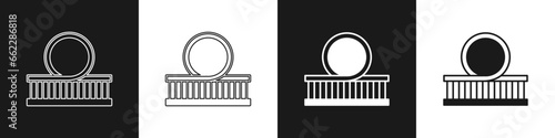 Set Roller coaster icon isolated on black and white background. Amusement park. Childrens entertainment playground, recreation park. Vector