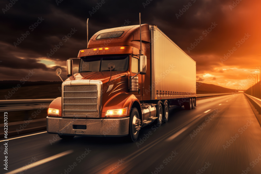 Fast moving full lighted truck on highway with semi-trailer