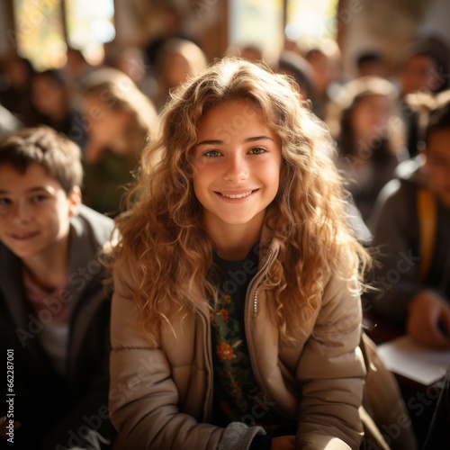 A portrait of a young schoolgirl with loose blonde hair sitting in front of her classmates in the classroom 