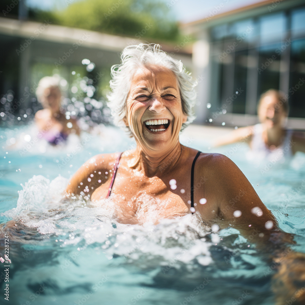 Active mature women enjoying aqua gym class in a pool, healthy retired lifestyle with seniors doing aqua fit sport. An elderly woman in a swimming pool exercising. Healthy lifestyle 
