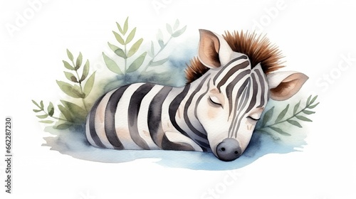 a watercolor painting of a zebra laying on the ground.  generative ai