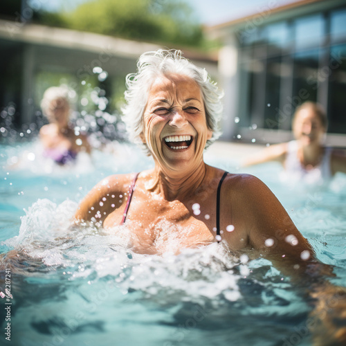 Active mature women enjoying aqua gym class in a pool, healthy retired lifestyle with seniors doing aqua fit sport. An elderly woman in a swimming pool exercising. Healthy lifestyle 