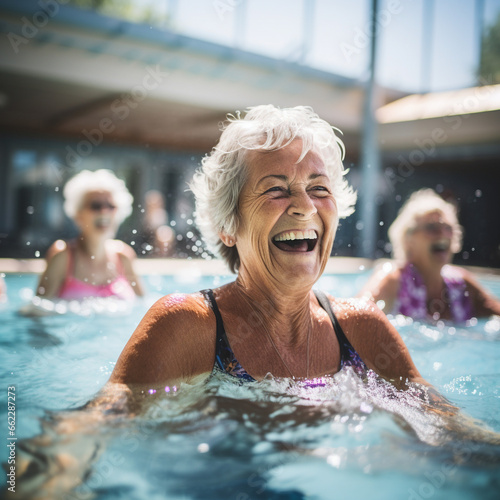 An elderly woman in a swimming pool exercising. Healthy lifestyle  © Daisy